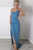 Sheath Spaghetti Straps Sweep Train Blue Simple Prom Dresses with Split OKK62