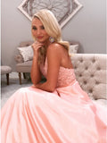 A-Line Halter Backless Sweep Train Pink Prom Dresses with Appliques OKN21