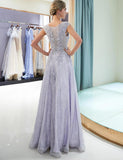 Elegant A Line Scoop Sleeveless Lavender Long Lace Prom Dresses with Appliques OKF16