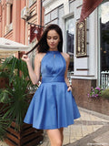 Cute A-Line Open Back Satin Blue Short Homecoming Dresses with Pockets OKD48