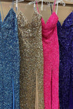 Flattering Mermaid Hot Pink Sequins Long Prom Party Dress With Slit OK1309