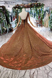 Brown One Shoulder Lace Up Back Sequins Beads Prom Dress OKL19