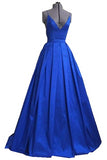 Simple Royal Blue V-neck Cheap Open Back A-line Prom Dress K696