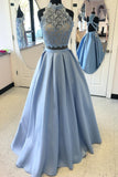 Two Pieces Satin High Neck Prom Gowns Floor Length Prom Dress With Lace Top OKC76