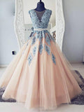 V-neck Blue Lace Ball Gown Long Tulle  Evening Dresses,Cheap Prom Dresses OKG36