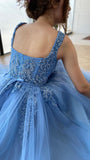 A Line Blue Appliques Prom Dress Long Formal Evening Party Dress Celebrity Gown OK1633