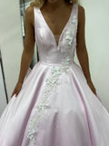 Ball Gown Light Pink Satin V Neck Long Lace Appliques Prom Dress Evening Dress OK1196