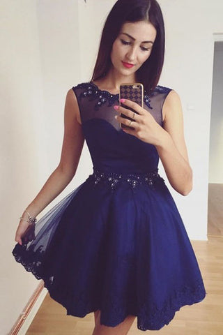 Royal Blue Beaded A Line Tulle Short Homecoming Dress with Lace Appliques OKD30