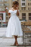 Elegant Off Shoulder Sleeveless Tea-Length A Line Satin Wedding Dress OK1420