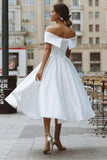 Elegant Off Shoulder Sleeveless Tea-Length A Line Satin Wedding Dress OK1420