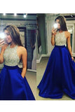 High Neck Royal Blue Long Prom Dress,Bodice Beads Evening Prom Dress Ball Gown OKE60