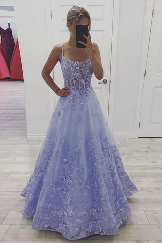 Lavender Lace Appliques A-line Tulle Long Prom Dresses Evening Party Dress OK1172