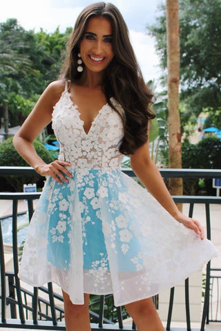 A Line V Neck Floral Appliques Homecoming Dresses, Short Prom Dresses OKQ9