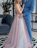 Women's Long V Neck Sexy Evening Dress A-line Tulle Beaded Prom Dress Blush OKY57