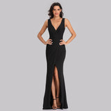 Black V Neck Long Mermaid Prom Dress With Slit XU90817