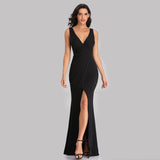 Black V Neck Long Mermaid Prom Dress With Slit XU90817