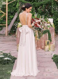 Gold Sequin Chiffon Backless Simple Beach Wedding Dress with Sash OKF2