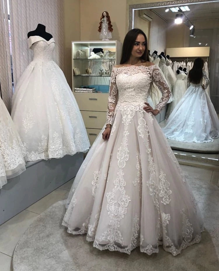 Long Sleeve A Line Satin Wedding Gown with Train Lace Appliques