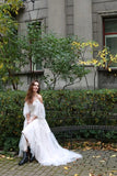 Off Shoulder A-line Lace Appliqued Boho Wedding Gown Beach Bridal Gowns OKV66