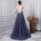 A Line V Neck Tulle Navy Blue Long Prom Dress With Beading OKL29