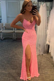 Spaghetti Straps Pink Sequined Long Formal Prom Dress With Slit Evening Dresses OK1696