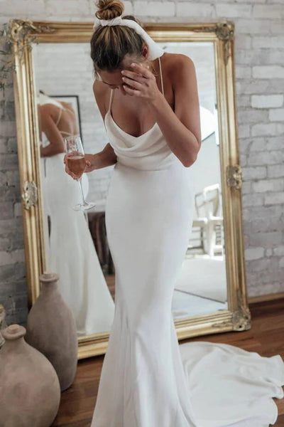 Sexy Backless Mermaid Beach Wedding Dresses, Simple Ivory