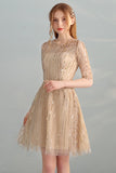 Gold Sequins A-Line Short Tulle Half Sleeves Homecoming Dresses OKC98