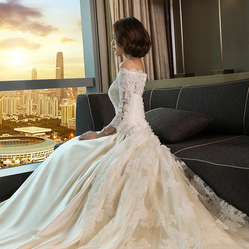 Mermaid Tulle Lace Sleeveless Long Count Train Wedding Dress – Okdresses