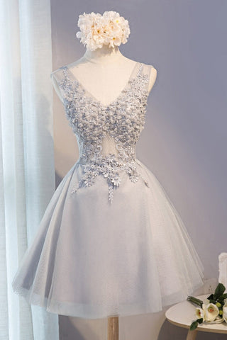 A-Line Lace Appliques Short Gray V Neck Homecoming Dresses OKD1