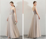 A Line Tulle Long Straps Lace Up Back Beading Prom Dress Evening Dress OKG73