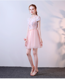 Pink A-Line Tulle Cap Sleeves Short Homecoming Dresses With Flowers OKC59