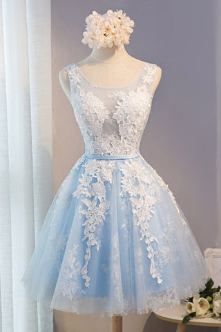 A-Line Lace Appliques Round Neck Sky Blue Short Homecoming Dresses OKD7