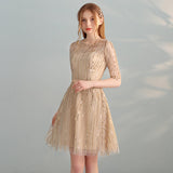 Gold Sequins A-Line Short Tulle Half Sleeves Homecoming Dresses OKC98