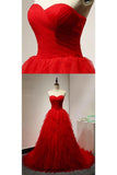 Chic Sweetheart A Line Zipper Back Red Ruffles Cheap Long Prom Dresses OKG22