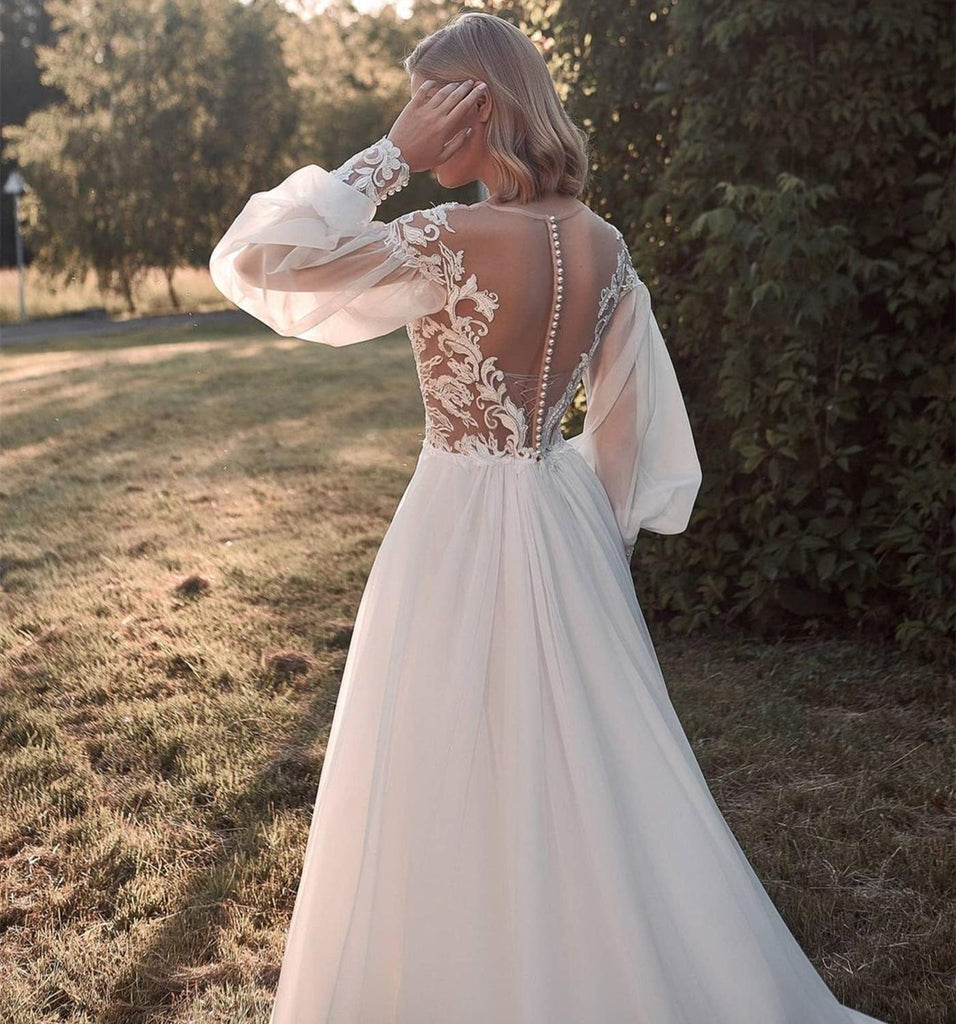 V Neck Backless A Line Long Sleeve Bridal Dress With Sheer Lace