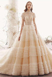 Princess High Neck Ball Gown Wedding Dress, Short Sleeves Bridal Dress OKK1