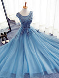 Charming Long Tulle Handmade A Line Blue Prom Gowns,Best Formal Women Dresses OK243