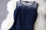 A line Mini Navy Blue Sleeveless Crew Short Homecoming Dresses With Lace OKD10