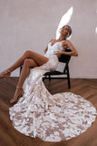 Luxurious Mermaid V Neck Lace Wedding Dress with Slit N100