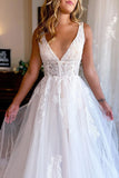 Charming A Line V Neck Tulle Beach Wedding Dress with Appliques N105