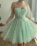 A-line Tulle Long Sleeves Princess Mint Green Homecoming Dress Sweet 16 Dress OKZ18