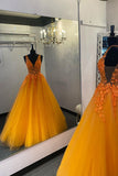 A-line Orange Tulle Lace Appliques Prom Dress Formal Evening Dress OKZ6