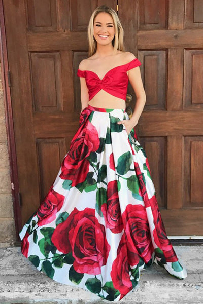 Red floral hot sale two piece