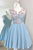 Cute V-Neck A-Line Light Blue Short Homecoming Dress with Appliques OKD44