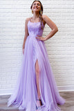 A-Line Lavender Tulle Spaghetti Straps Appliques Long Prom Dress with Slit OK1278