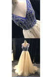 A Line V Neck Beading Tulle Long Prom Dresses, Party Dresses OKE84