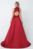 Chic A-line Red High Neck Applique Satin Long Prom Dress Evening Dress OKA67