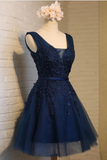 A-line Appliques Dark Navy Charming Short Homecoming Dress Graduation Dress OKY28