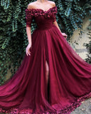 Burgundy Off the Shoulder Maroon A Line Long Tulle Prom Dress New OKG91