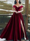 Elegant V Neck Off The Shoulder Long Satin Prom Dress With Slit OKE43